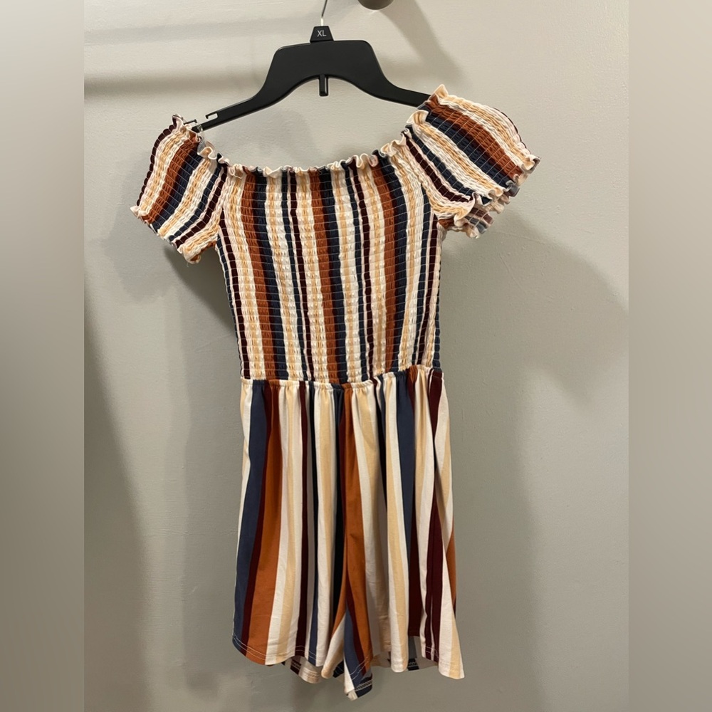 Riley & James Striped Off-Shoulder Smocked Romper in Rust, Navy & Cream